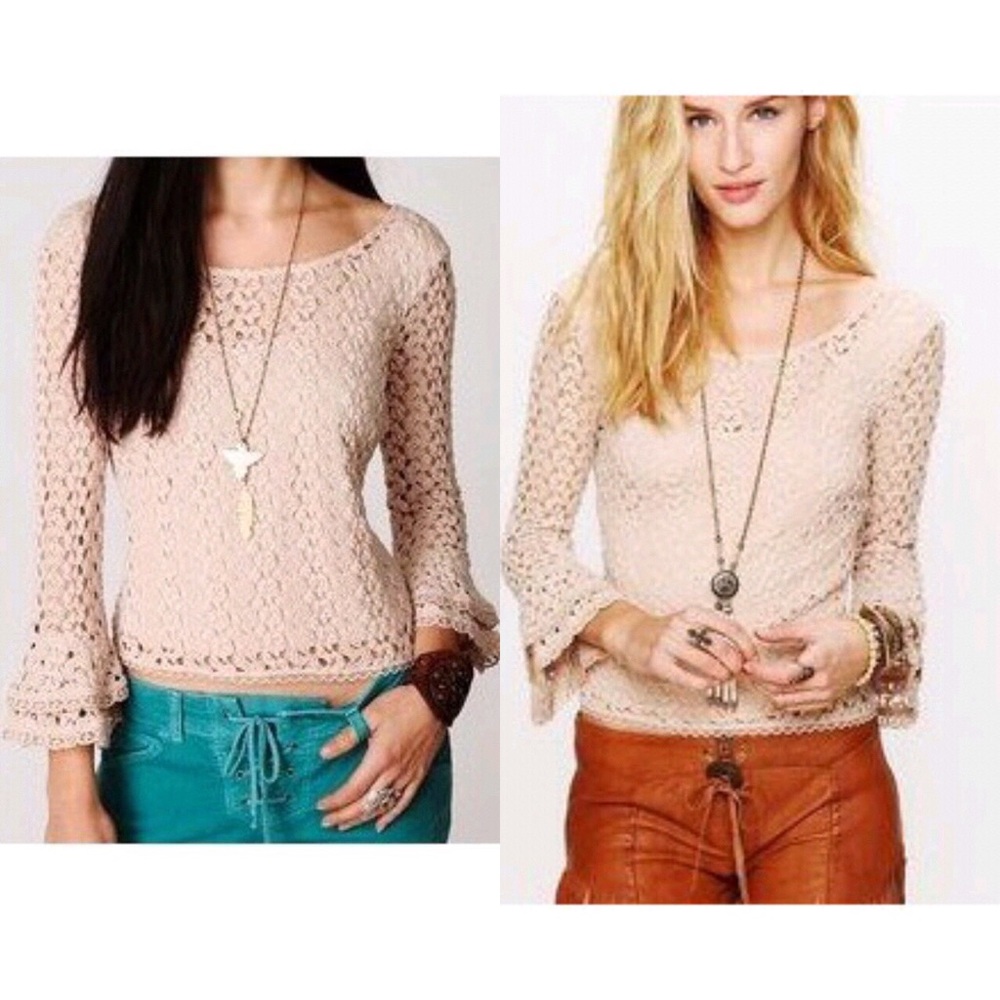 Free People crochet bell sleeve crop top M